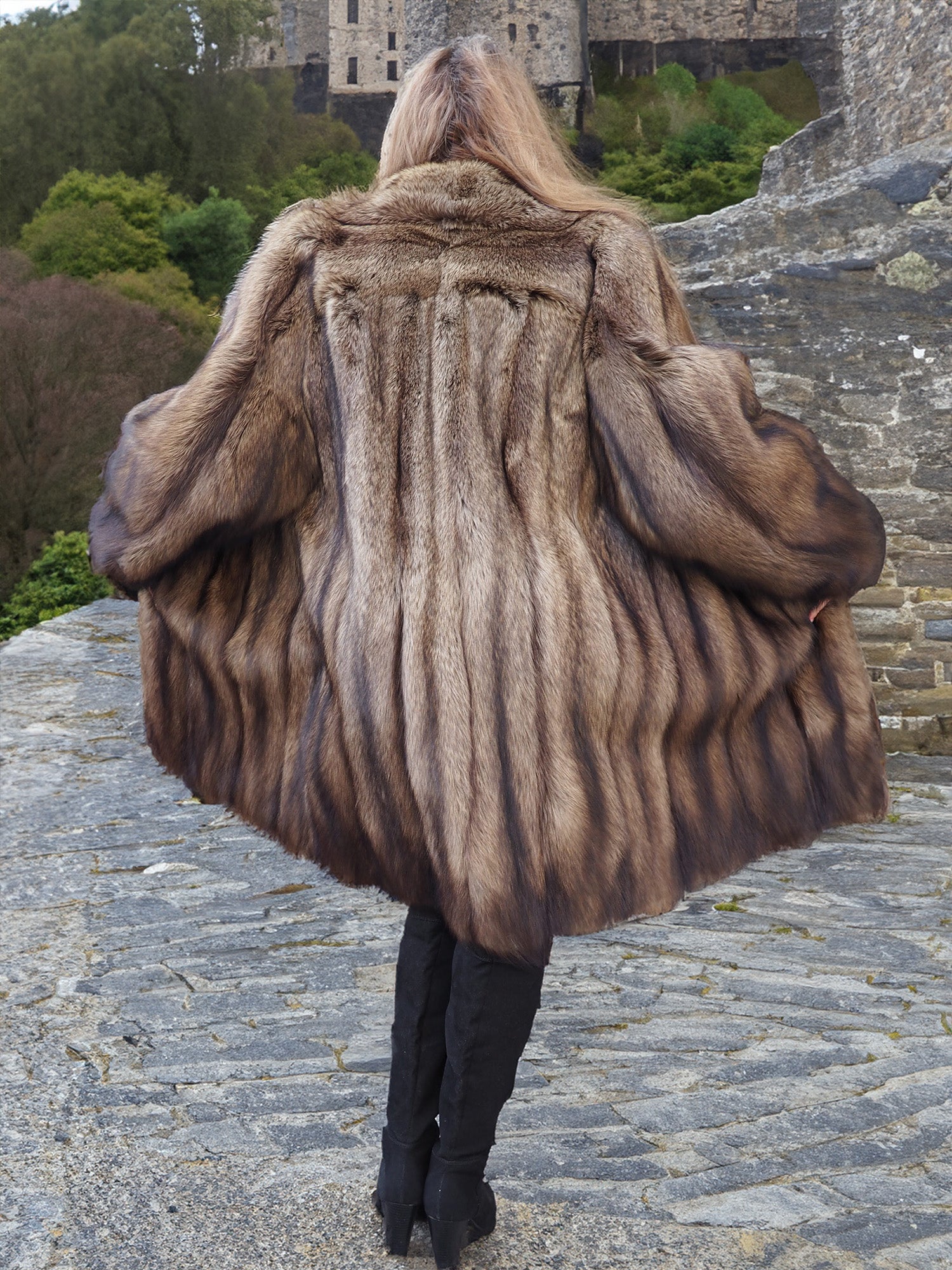 Back view of Fisher Sable Fur Coat with arms spread