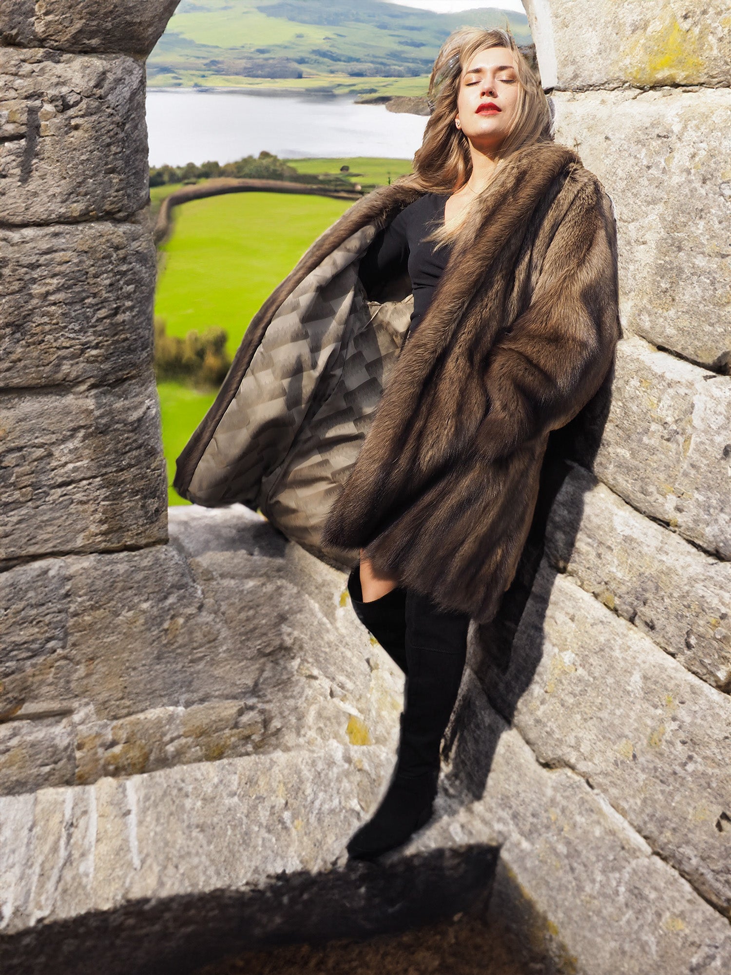 Fisher Sable Fur Coat in stone window frame