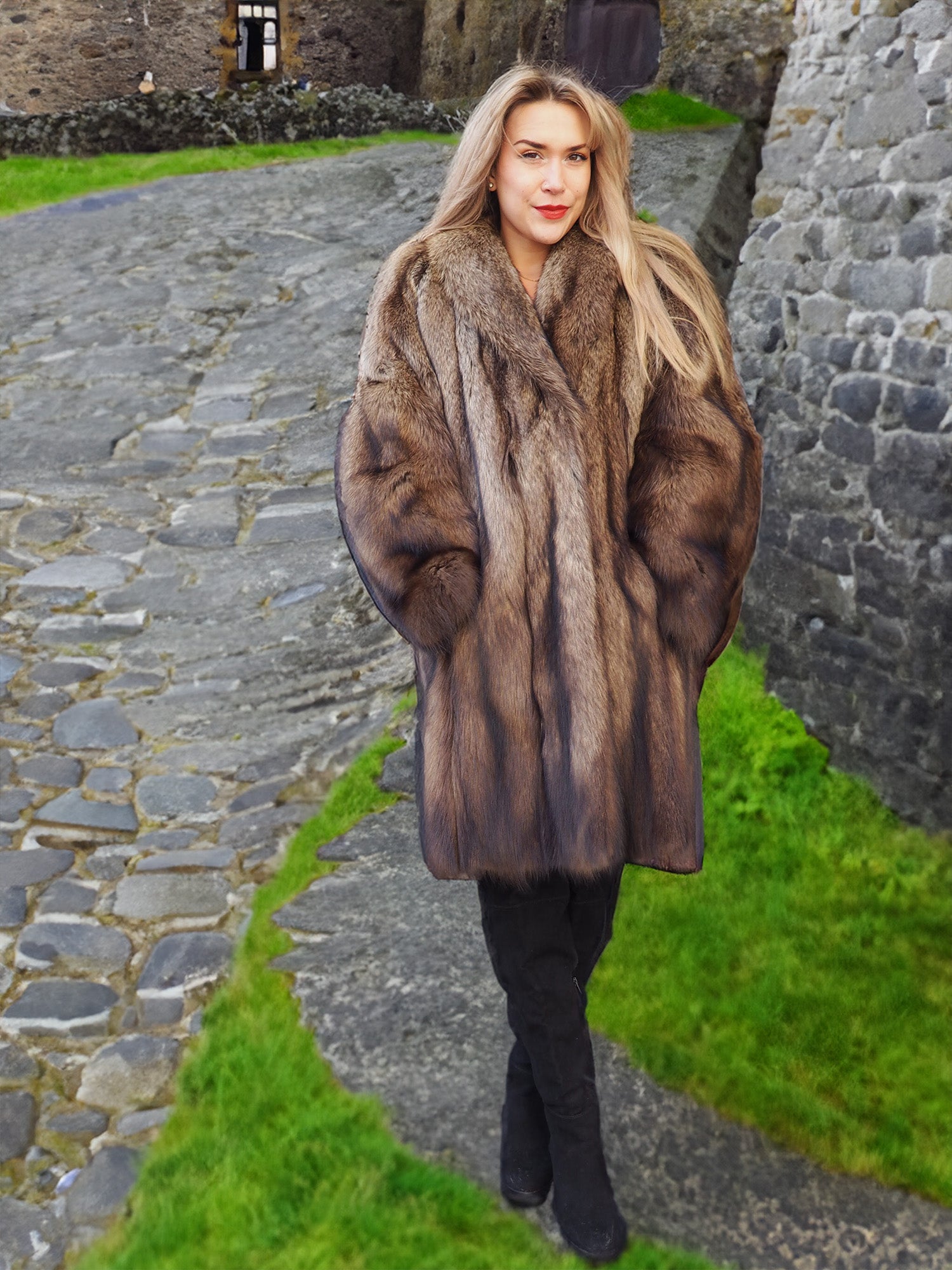 Stylish Fisher Sable Fur Coat on cobblestone path