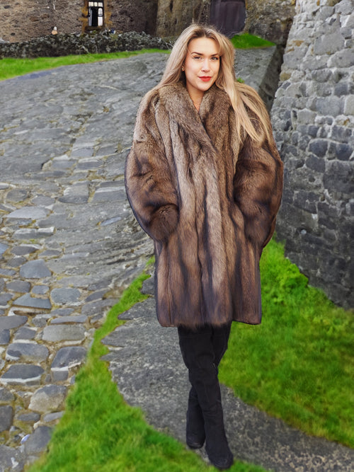 Stylish Fisher Sable Fur Coat on cobblestone path