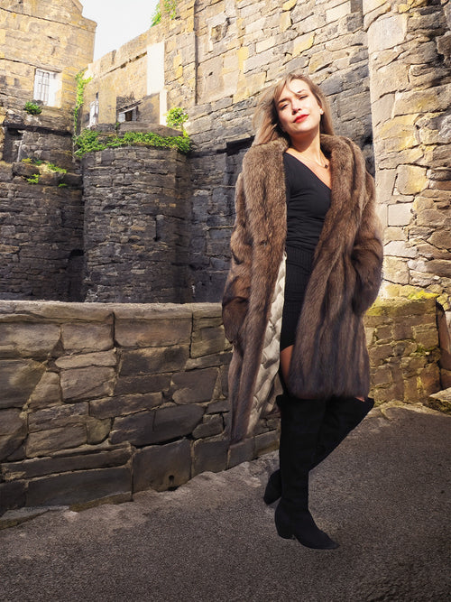 Fisher Sable Fur Coat in stone courtyard