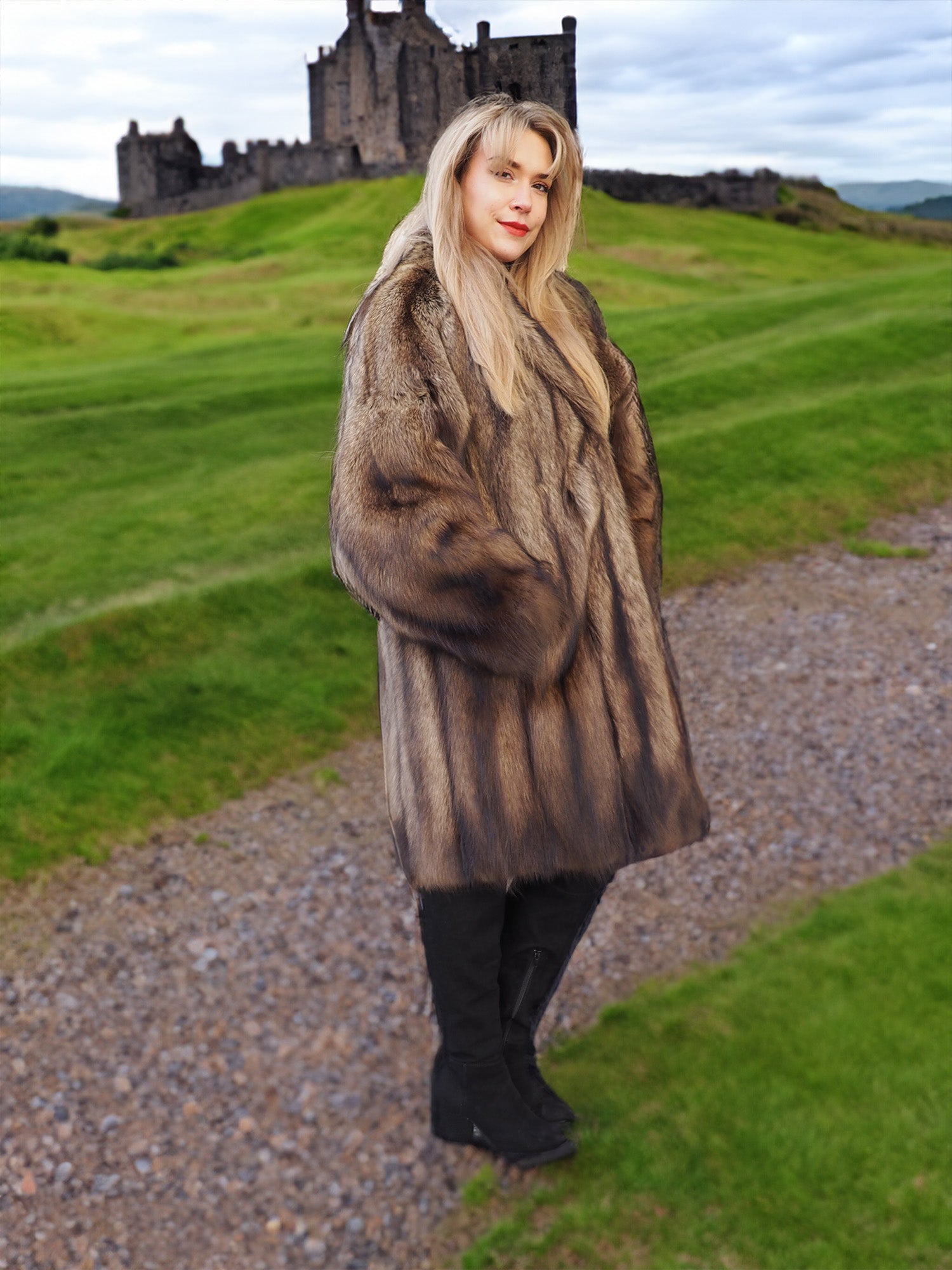 Fisher Sable Fur Coat on gravel path
