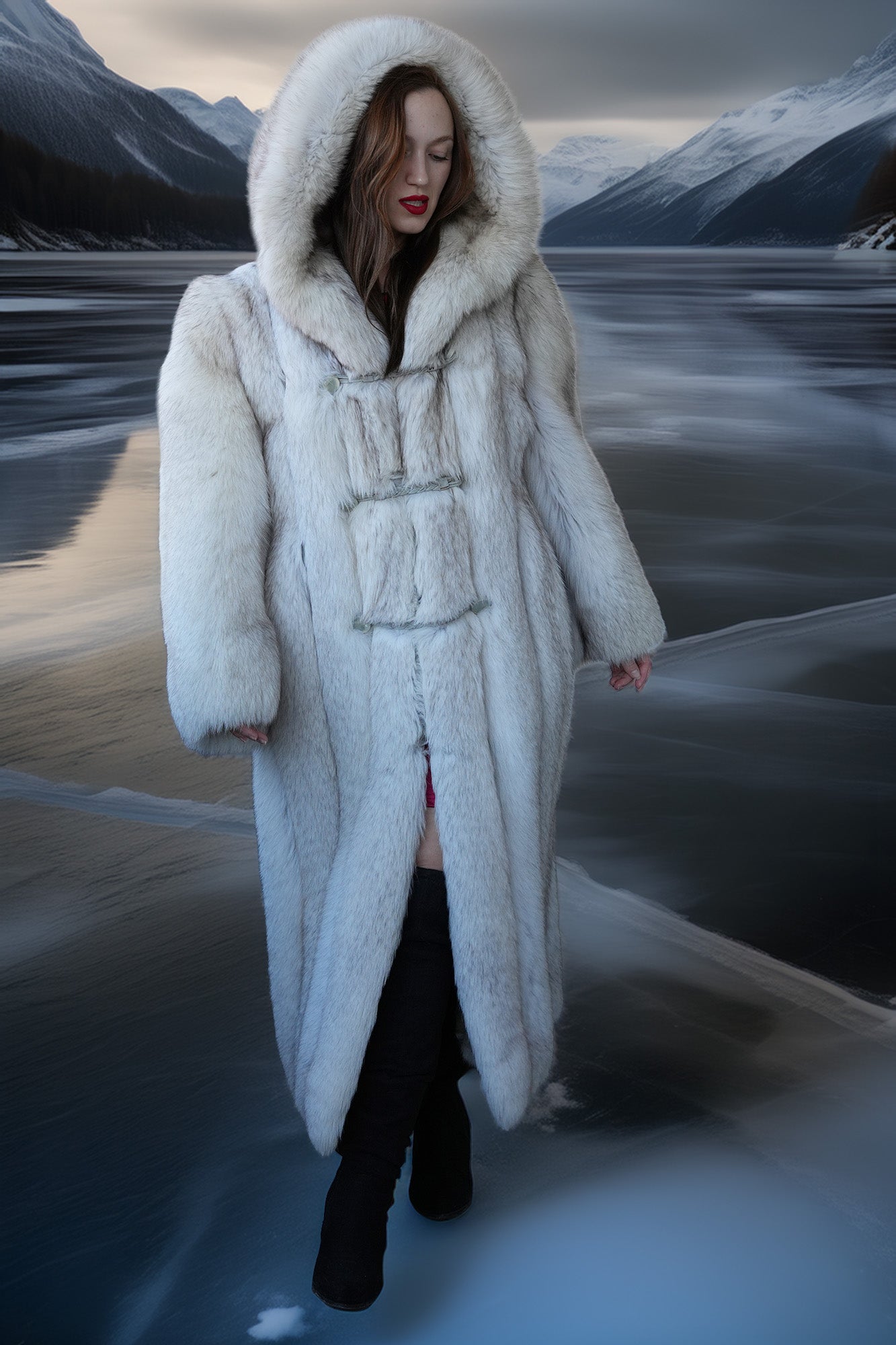 Person wearing a long white fur coat with a hood in a snowy landscape.
