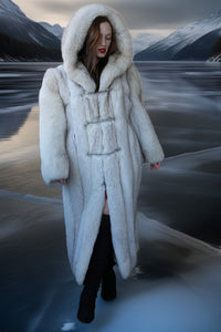 "Ice Bloom" – Hooded Plush Designer Blue Fox Coat