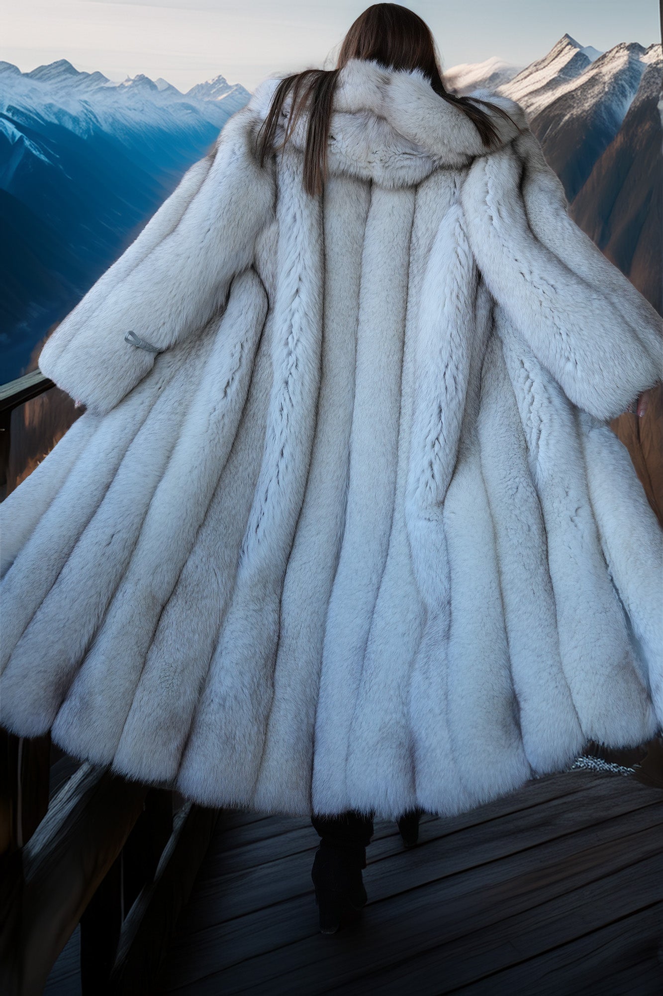 Person wearing a white fur coat with mountains in the background