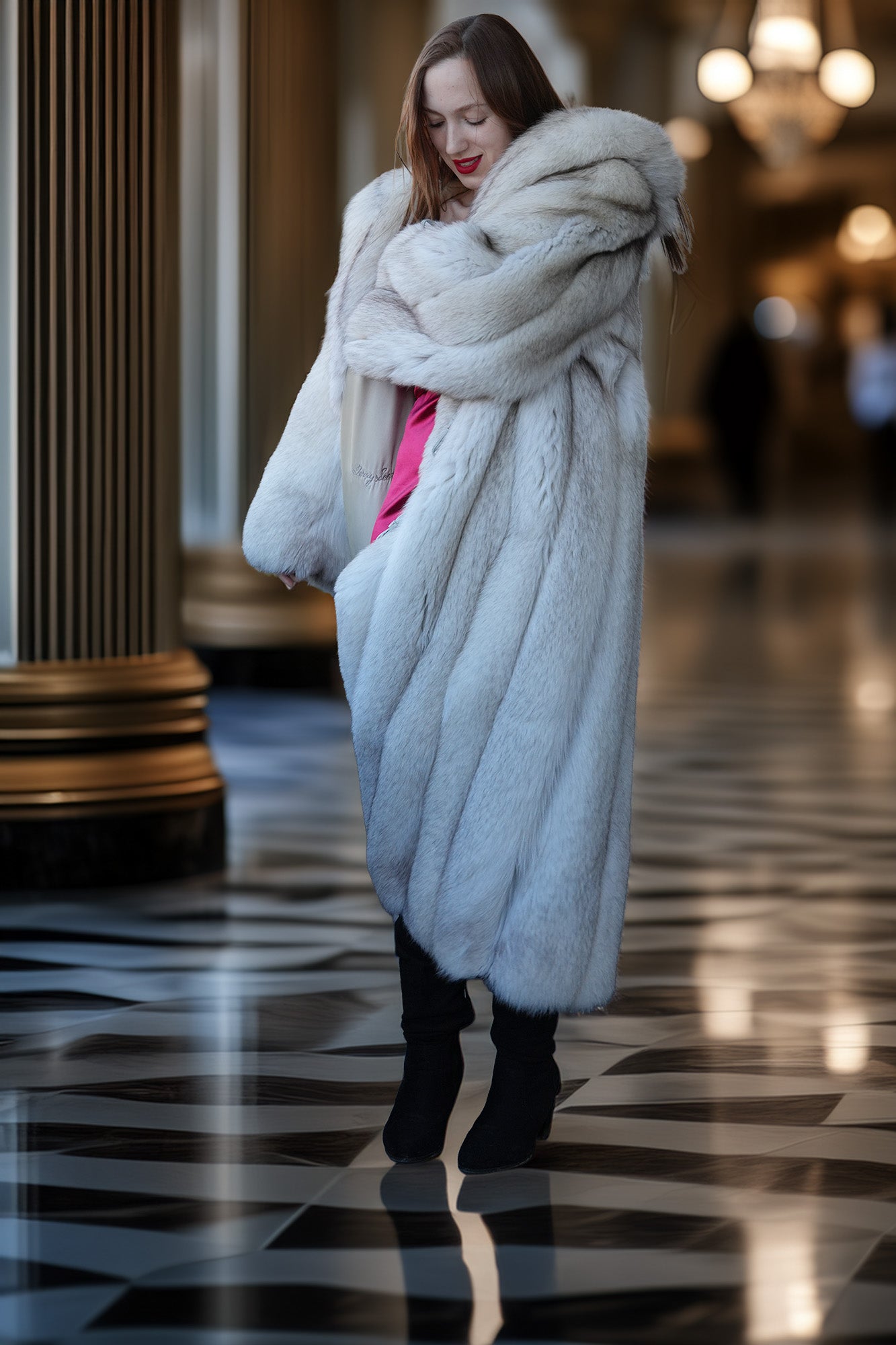 Woman wearing a fur coat in an elegant interior setting