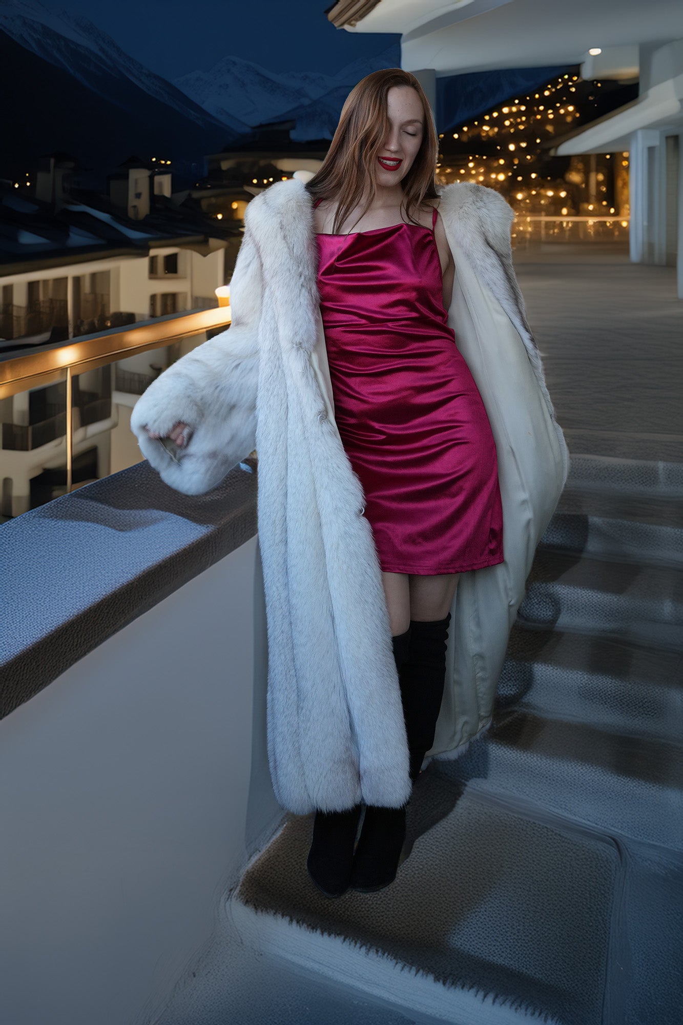 Woman in a pink dress and white fur coat standing on a balcony at night.