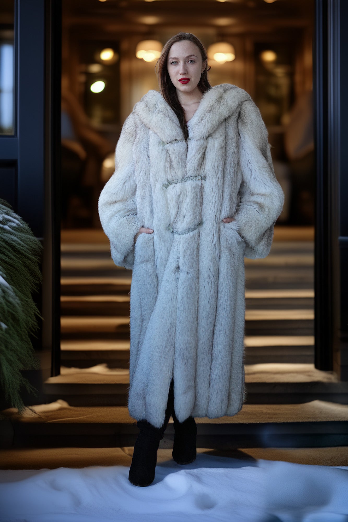 Woman wearing a white fur coat standing in a snowy outdoor setting.