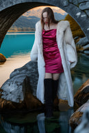 Light blue hooded plush fox coat, open front with long, flowing silhouette