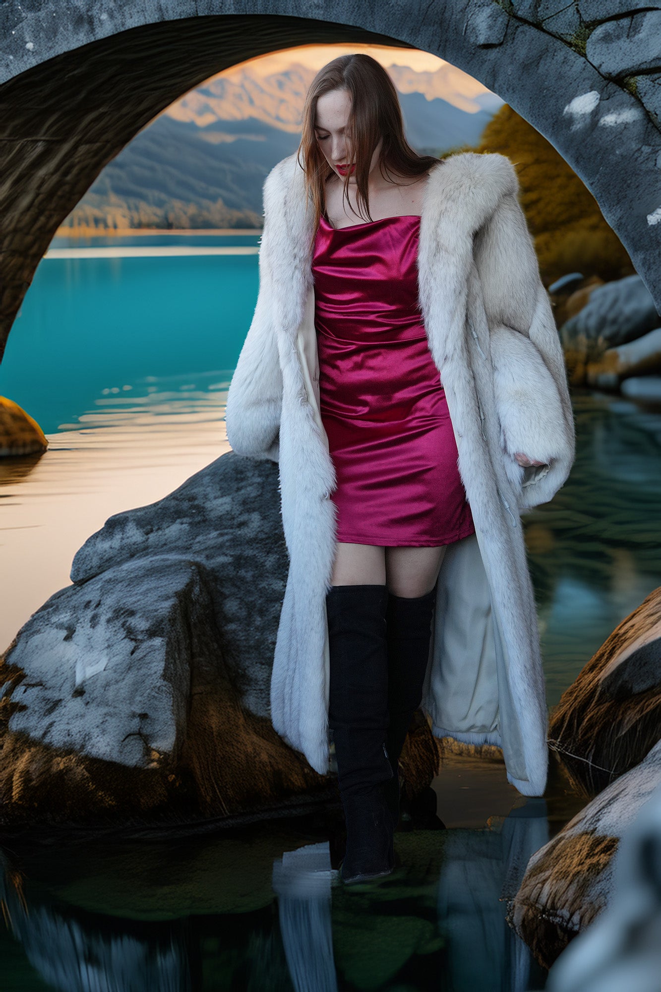 Woman in a pink dress and white fur coat standing by a scenic lakeside.