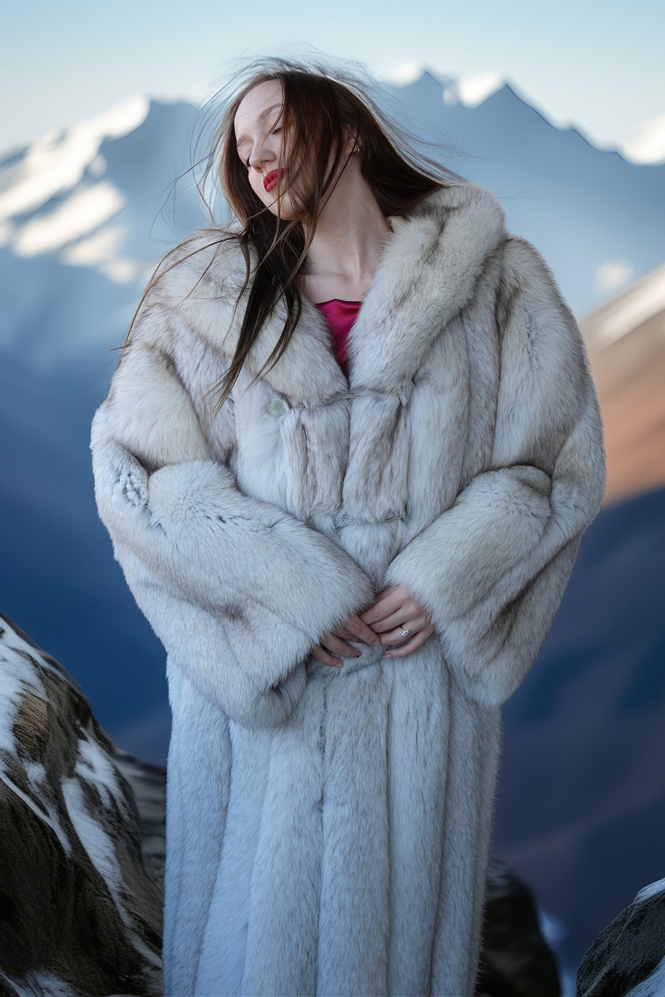 Woman in a fur coat standing against a mountainous background