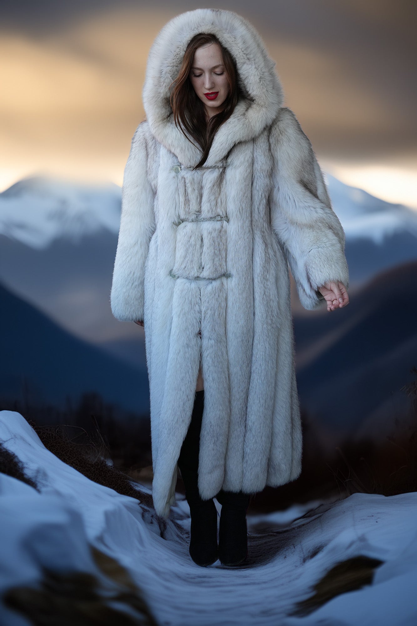 Person wearing a white fur coat standing in a snowy landscape with mountains in the background