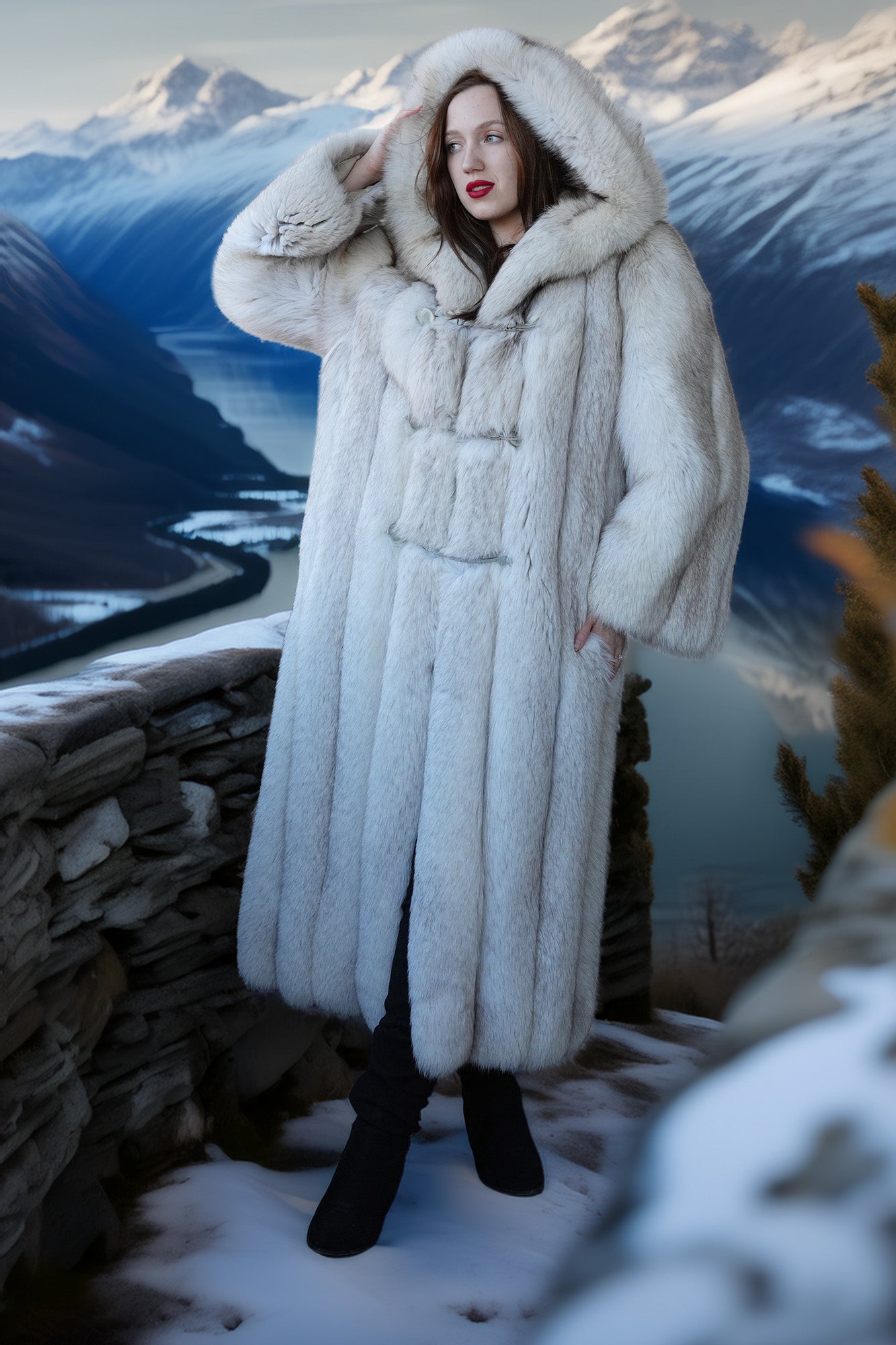 Person wearing a long white fur coat with a mountainous landscape in the background
