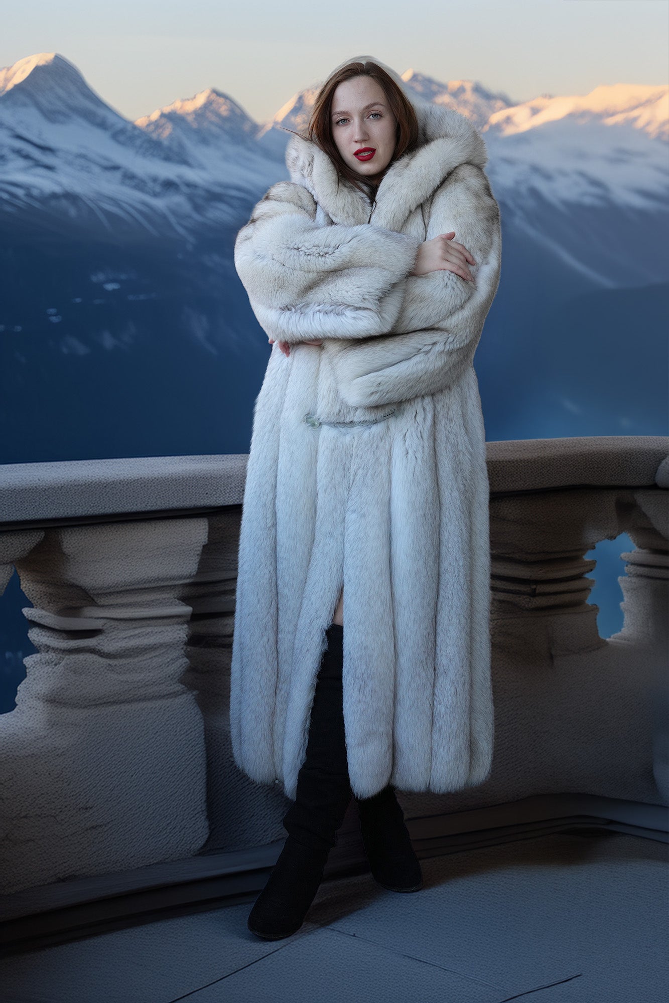 Woman in a long white fur coat standing in front of snow-capped mountains.