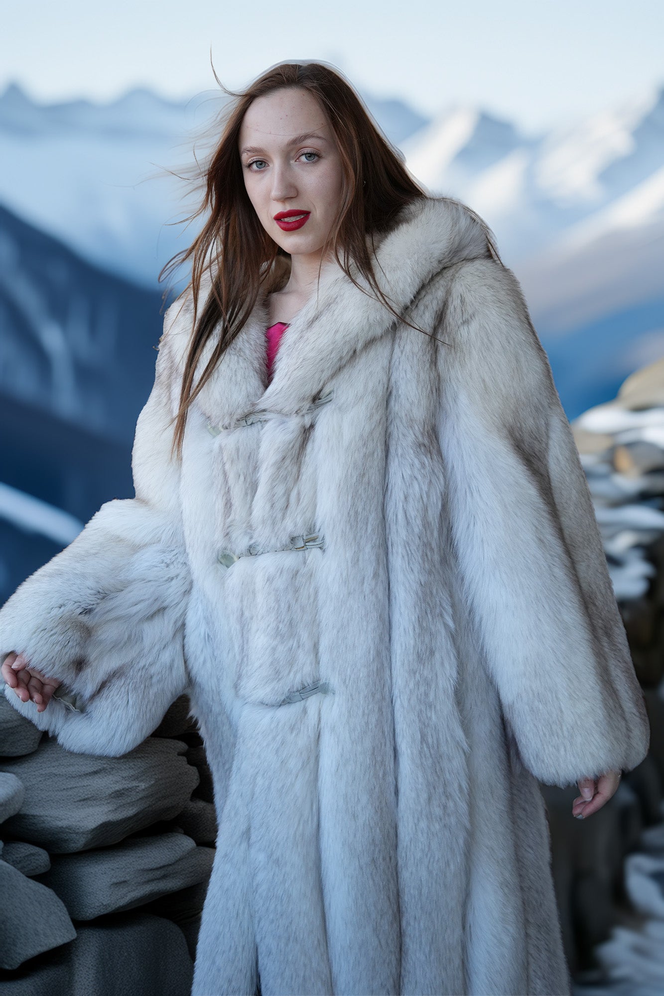 Woman wearing a fur coat with mountains in the background