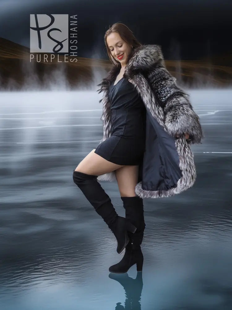 Long silver-gray fur jacket with wide collar and buttonless front, stroller length
