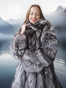 Silver-gray fur long jacket with open front and plush collar, stroller length