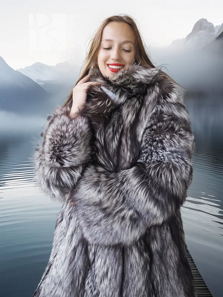 Silver-gray fur long jacket with open front and plush collar, stroller length