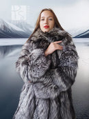 Silver fox hooded long fur jacket close-up, thick gray-and-black faux fur collar