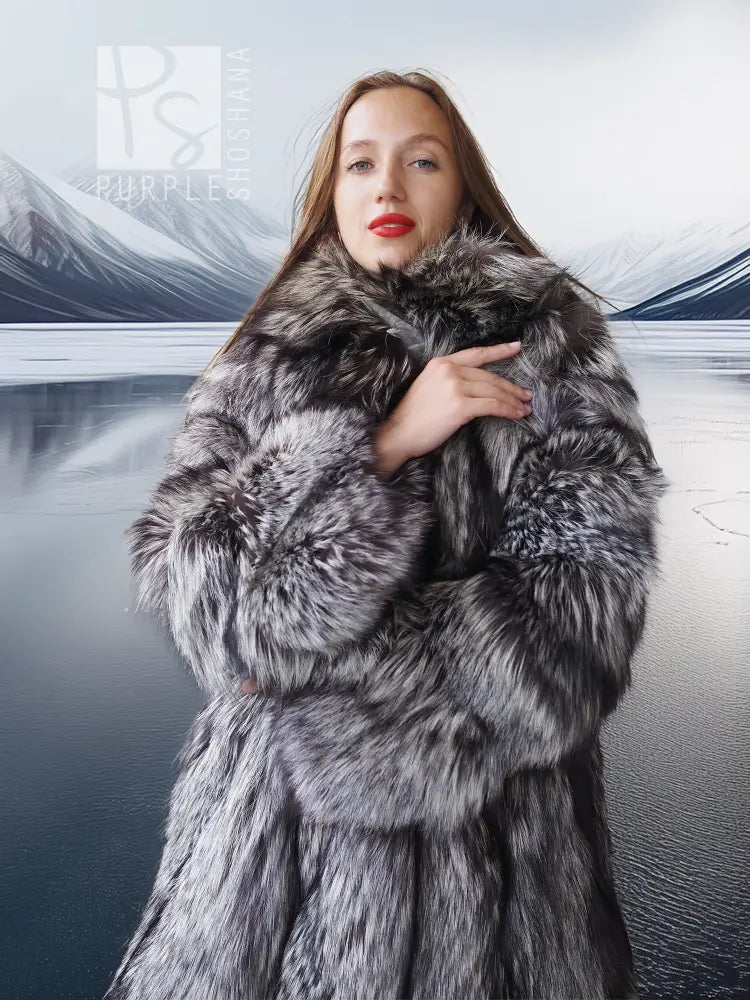 Silver fox hooded long fur jacket close-up, thick gray-and-black faux fur collar