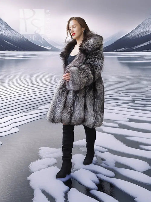 Silver-gray long fur jacket with open front and layered body, stroller length