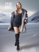 Silver fox long fur jacket with hood, full front view, gray-and-black fur