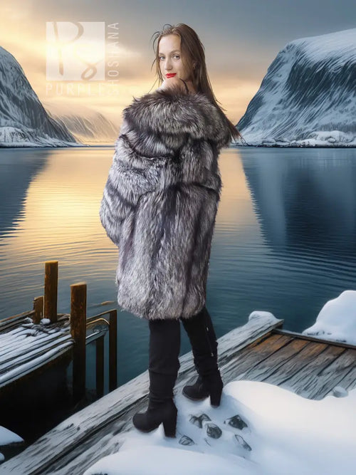 Silver-gray long fur hoodless jacket with textured cuffs and wide stand collar