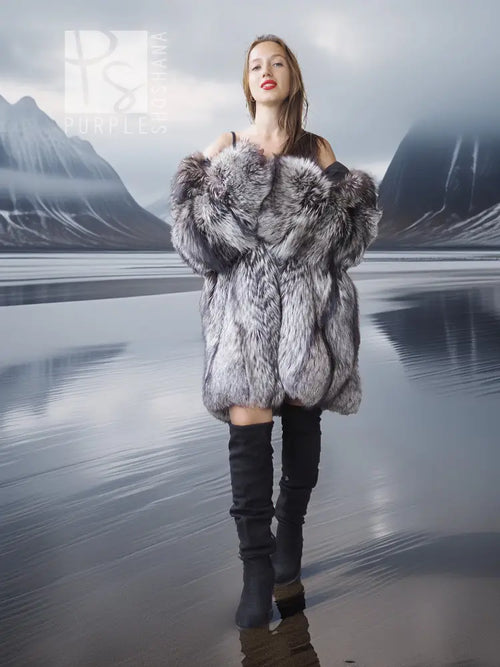 Silver fox long fur jacket with hood, centered full-body view, gray-and-black plush fur