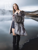 Long fur jacket, gray-and-black with open front and wide collar