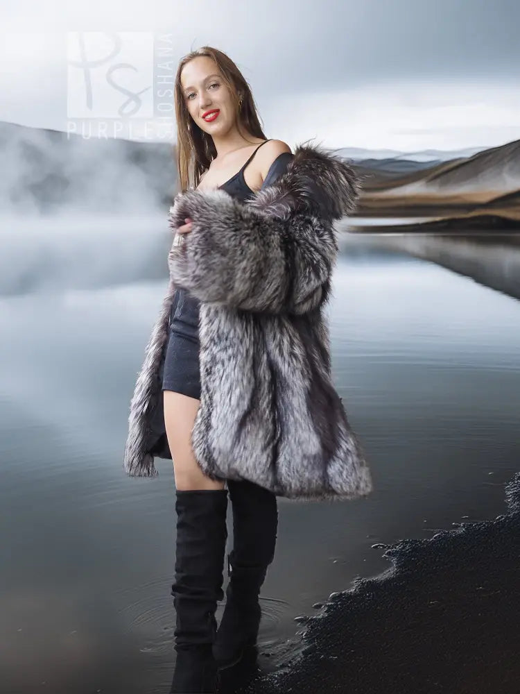Long fur jacket, gray-and-black with open front and wide collar