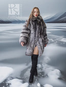 Silver fox hooded long fur jacket, front view, gray-and-black textured fur