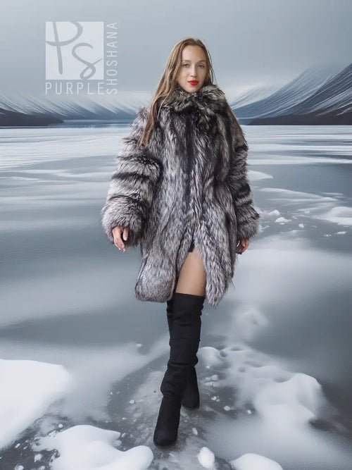 Silver fox hooded long fur jacket, front view, gray-and-black textured fur