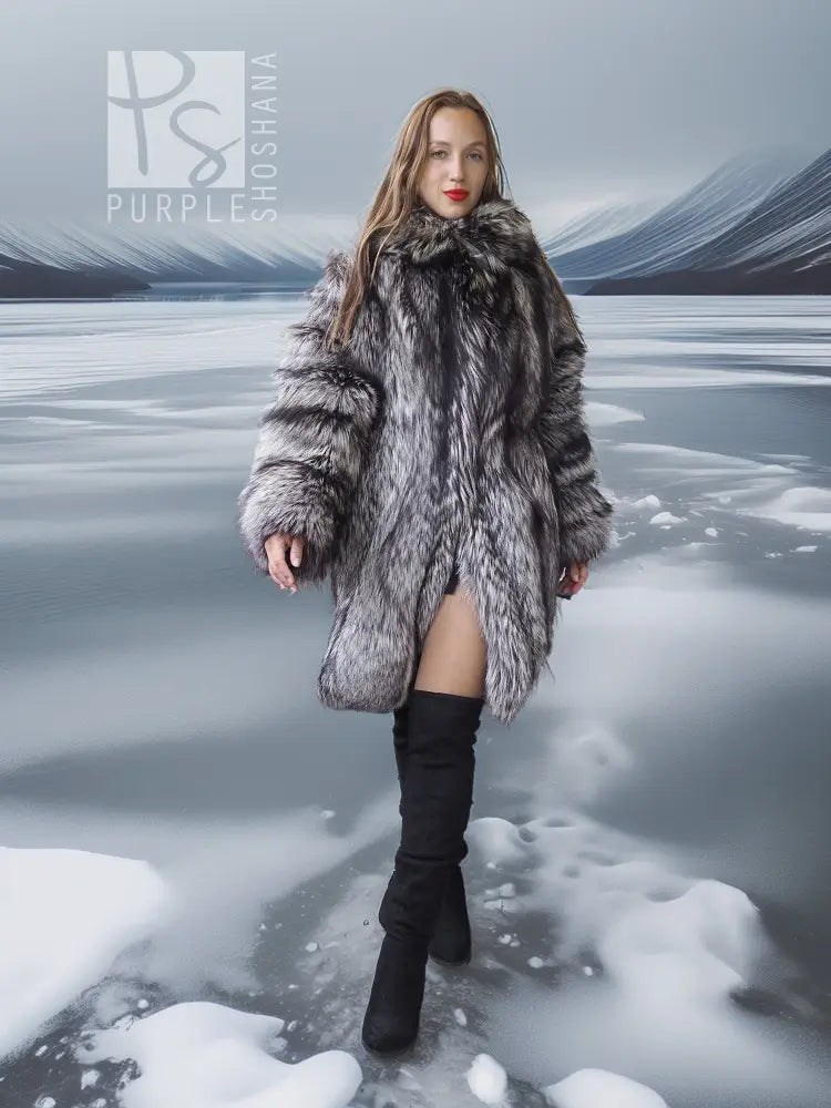 Silver fox hooded long fur jacket, front view, gray-and-black textured fur