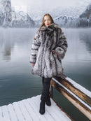 Silver fox long fur jacket with hood, standing pose, gray-and-black fur texture