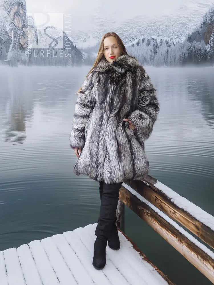Silver fox long fur jacket with hood, standing pose, gray-and-black fur texture