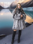 Silver-gray fur long jacket with thick collar and front panel detailing, stroller length