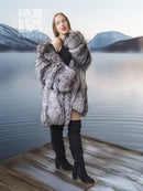 Silver-gray long fur jacket with open front, plush collar, and long sleeves