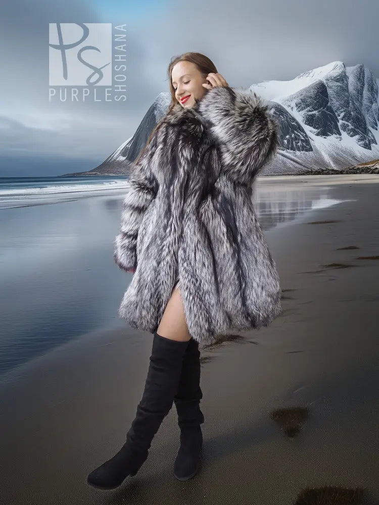 Silver fox long fur jacket with hood, angled view, open drape and gray-and-black fur