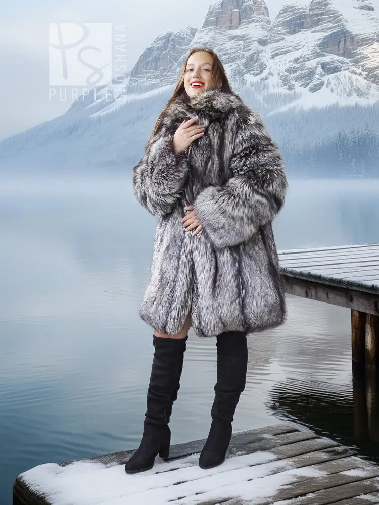 Silver fox long fur jacket with hood and voluminous sleeves, gray-and-black fur