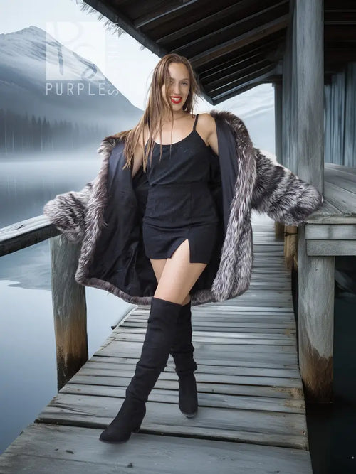 Long fur jacket with gray-and-black pelts, open front and full sleeves
