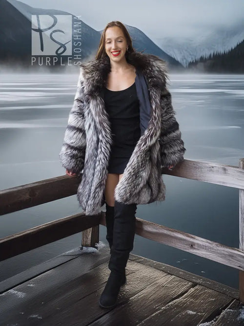 Silver-gray fur stroller-length jacket with wide collar and long sleeves, open front