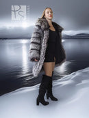 Silver-gray long fur jacket with fluffy texture and open front, stroller length