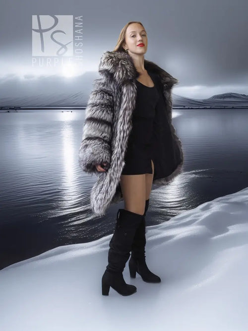 Silver-gray long fur jacket with fluffy texture and open front, stroller length