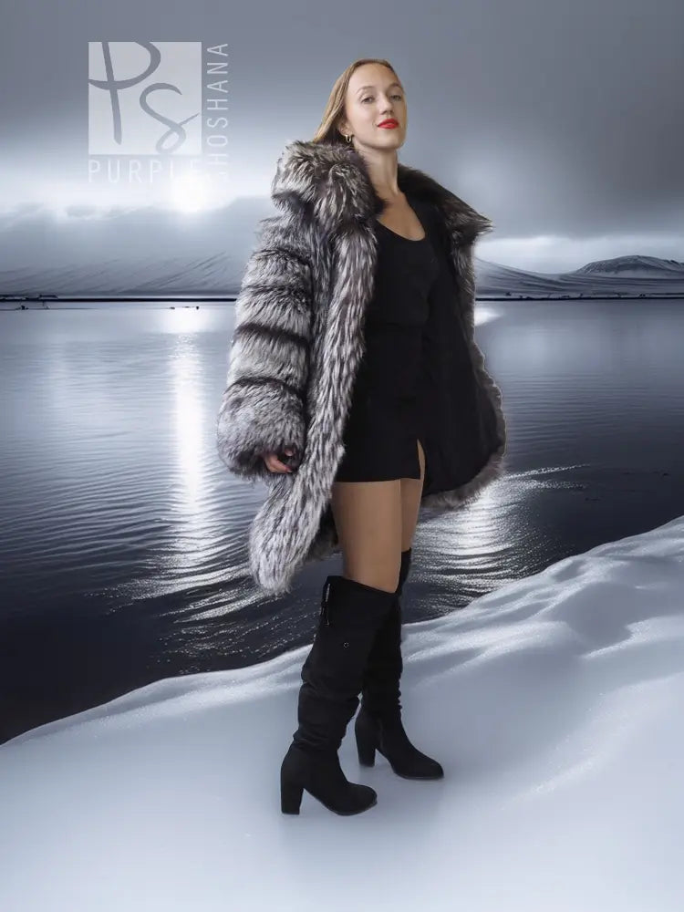 Silver-gray long fur jacket with fluffy texture and open front, stroller length