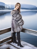 Silver fox long fur jacket with hood, side profile, gray-and-black patterned fur