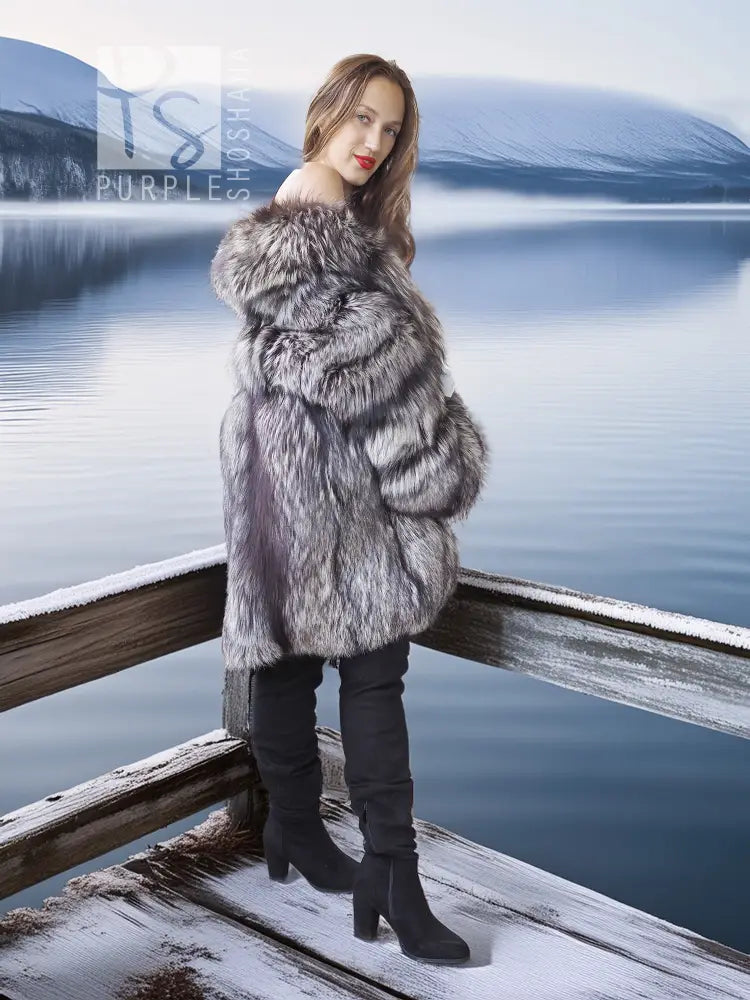 Silver fox long fur jacket with hood, side profile, gray-and-black patterned fur