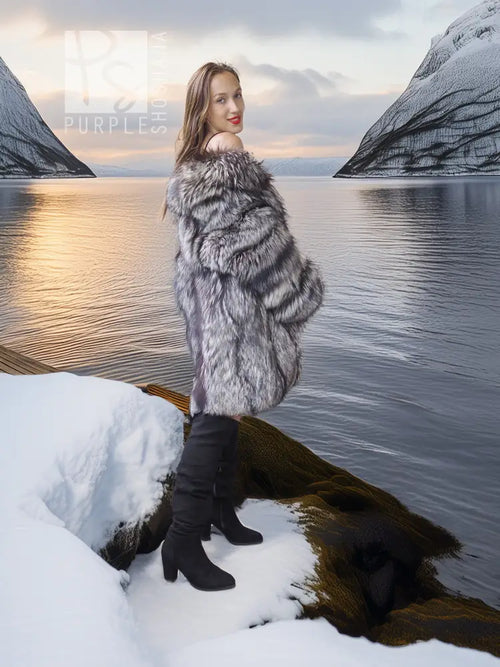 Stroller-length silver-gray fur jacket with layered texture and wide collar