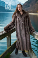 Gray-brown raccoon fur coat with double-breasted front, rounded collar, and metal buttons