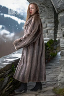 Gray-brown raccoon fur long coat, side profile with double-breasted button closures