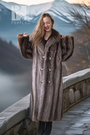 Gray-brown double-breasted raccoon fur coat with structured shoulders and front buttons